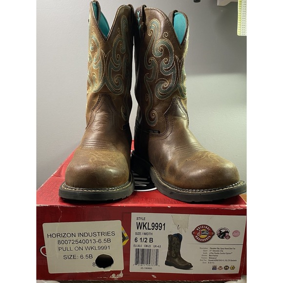 Justin Chocolate Chip Womens Leather Steel Toe Brown&Blue Cowgirl Boots Sz.6.5 B - Picture 2 of 14